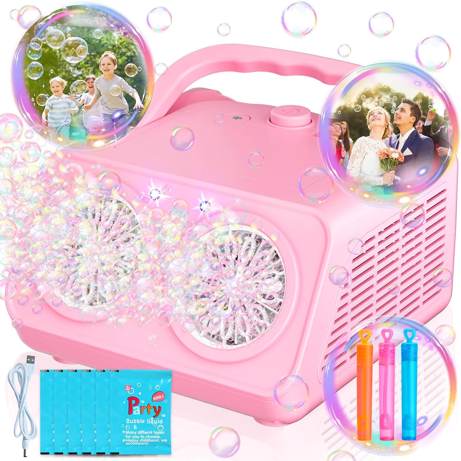 Bubble Machine - 22000+ Bubbles Per Minute, Automatic Bubble Maker, Bubble Machine for Kids, Portable Bubble Machine, Powered by USB or Batteries, Outdoor Indoor Birthday Party (Pink)