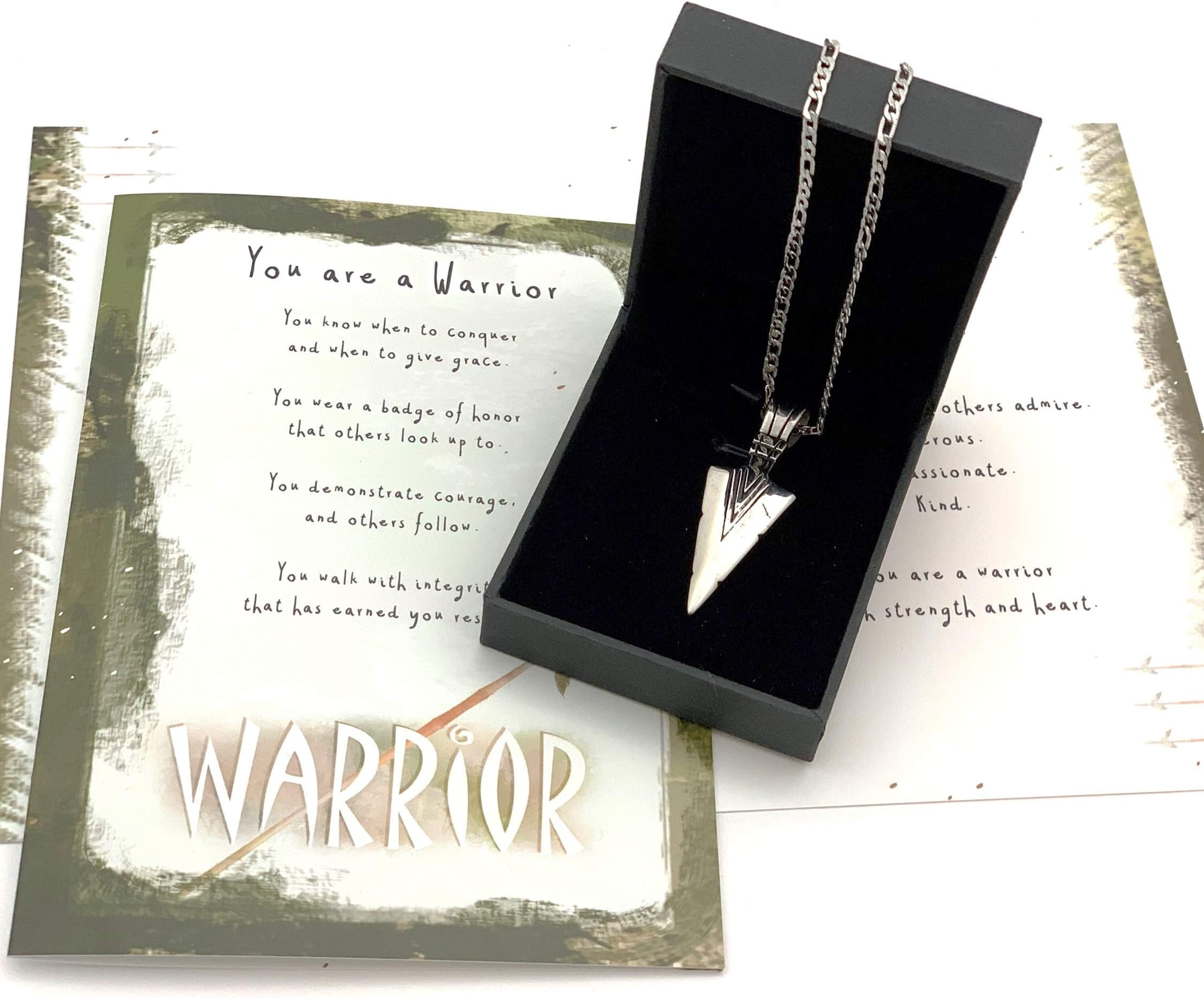 Warrior Courage Supportive Encouraging Greeting Card and Arrowhead Necklace Gift Set - Stainless Steel - Cancer Patient Men Grad - Leather