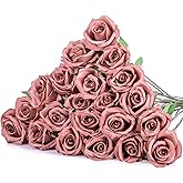 Hotop 20 Pcs Artificial Rose Flowers with Long Stem,Real Touch Silk Realistic Plastic Bouquet Roses Bulk for Home Decor Bridal Wedding Party Table Centerpieces Decorations(Dusty)