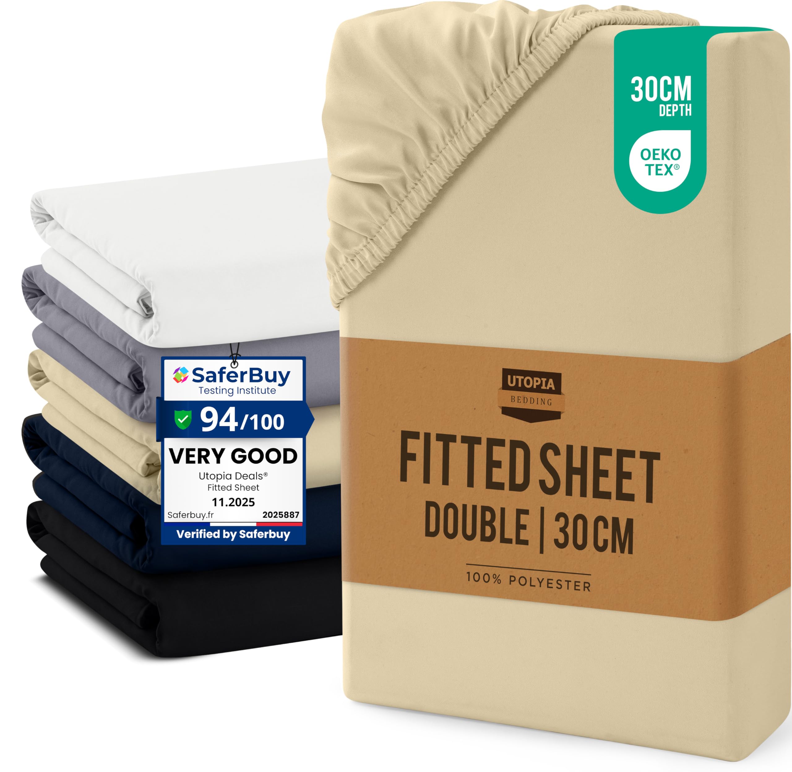 Utopia Bedding Fitted Sheet Double, Beige - Up to 12 Inch (30cm) Deep - Easy Care - Soft Brushed Microfibre Fabric - Shrinkage and Fade Resistant - Oeko-Tex Certified - Bottom Sheet