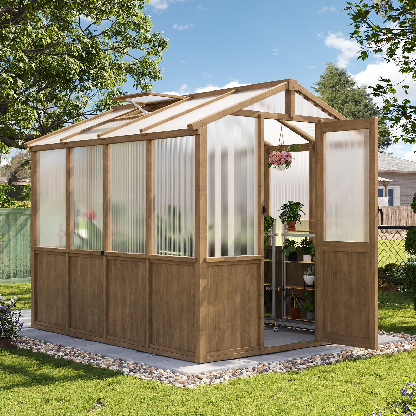 Photo 1 of Aoxun 6x8 FT Wooden Greenhouse for Outdoors, Polycarbonate Panel Walk-in Green House Kit with Adjustable Roof Vent and Lockable Door, Heavy Duty Cedar Greenhouse for Outside, Backyard Garden, Natural