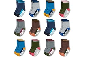 JAKIDAR 12 Pack Baby Toddler Socks Non Slip Grip Cotton Crew Socks for Boys Girls Infants Kids