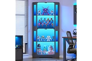 IRONCK 71 Inch Carbon Fiber Corner Glass Display Cabinet with Human Body Sensor & 6-Color LED Lights, 4-Tier Tempered Glass Display Case with 2 Adjustable Shelves for Collectibles, Toys, Black