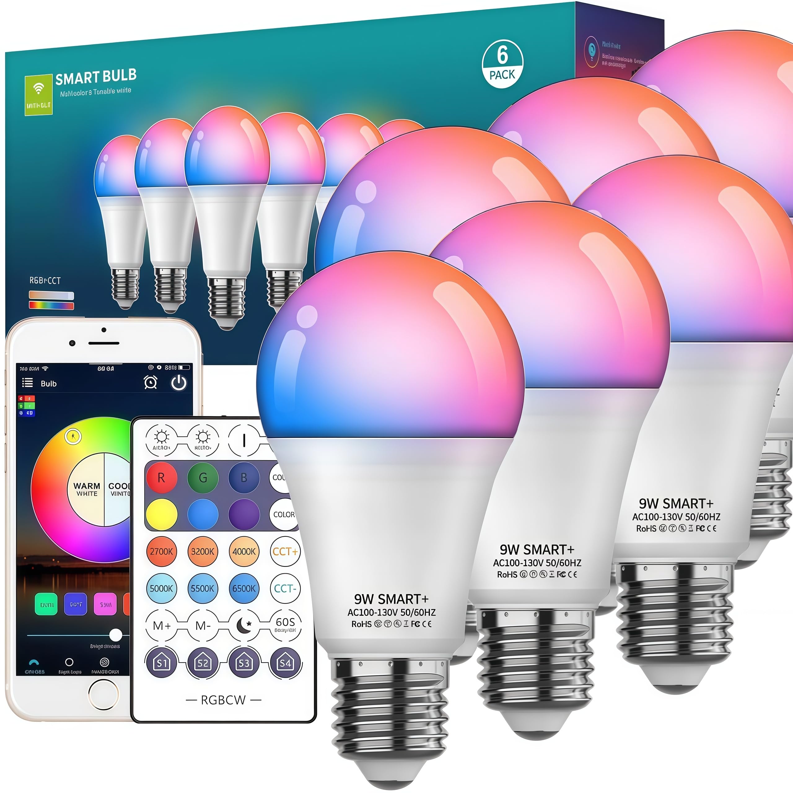 Photo 1 of Smart Light Bulbs 6Pack with Remote, Color Changing Light Bulbs Work w/Alexa Google Home, 9W A19 E26 800LM Colored LED Bulb, 2.4GHz Only, 50+ DIY Scenes, App & Voice Control WiFi Light Bulbs