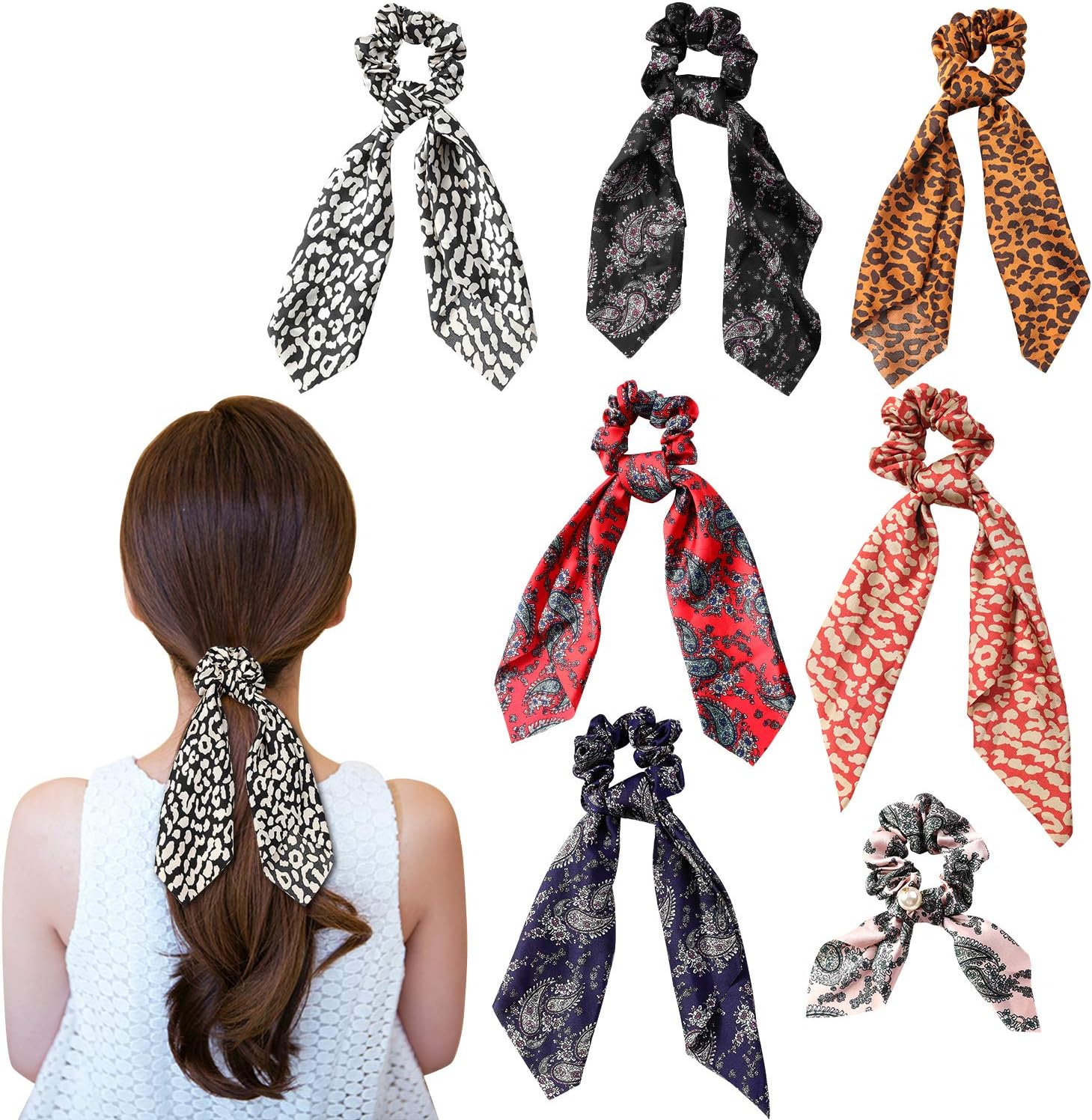 Wooyaya 6Pcs Scarves Scrunchies Tropical Travel Style Elastic Hair Bands Hair Ties Rope Ponytail Holder Hair Accessories for Women and Girls
