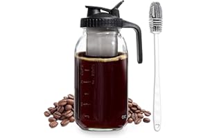 COOK WITH COLOR Cold Brew Coffee Maker - 64oz Mason Jar Pitcher with Stainless Steel Filter, Airtight Glass Jar, Pour Spout Lid & Handle, Ideal for Iced Coffee & Tea, Includes Brush, Black