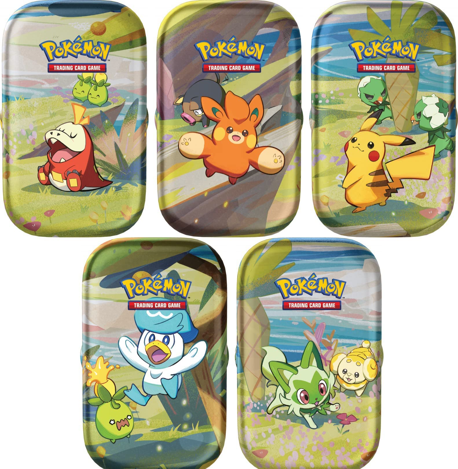 Photo 1 of Pokemon - Paldea Friends Mini Tin - Complete 5 Piece Set - Sprigatito Quaxly Fuecoco Pawmot Pikachu