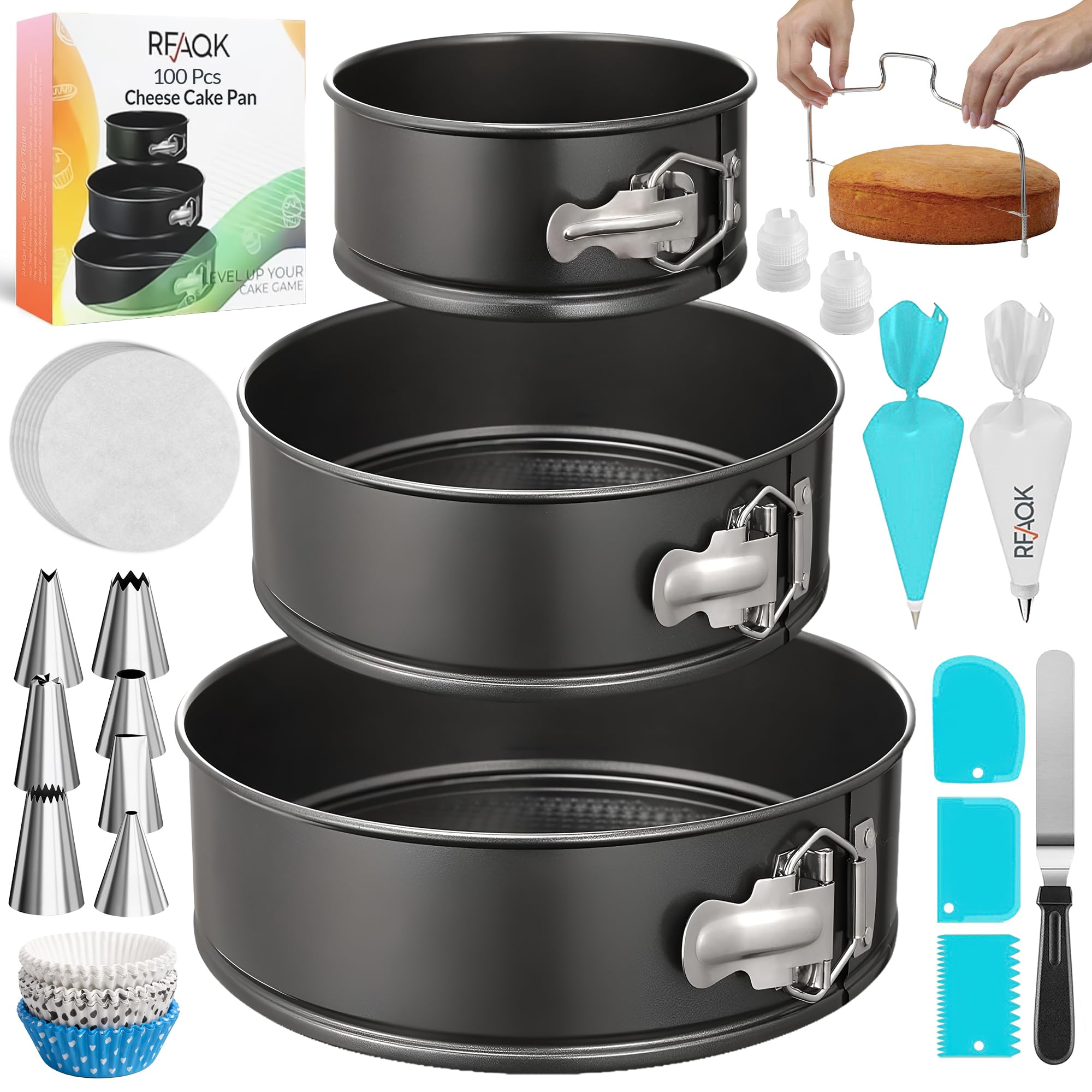 RFAQK Cake Tins for Baking 100 Pcs Springform Cake Tins Kit Includes 3 Round Non-Stick Cake Pan (4,7,9 inches Baking Tins)-Piping Bags and Nozzles-Leveler–Leak Proof Cheesecake Tin-Bakeware & EBook…