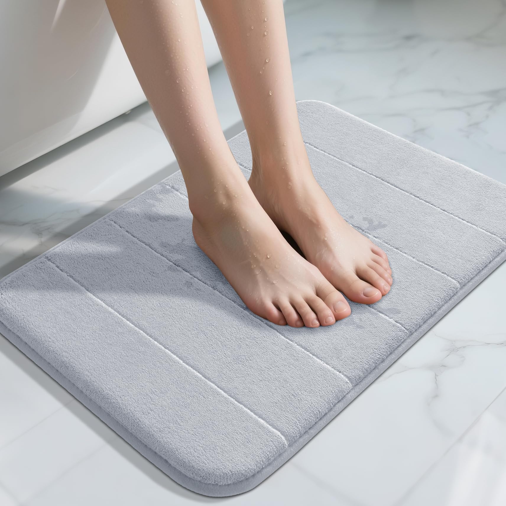 Yimobra Memory Foam Bath Mat Large Size, 43 x 61 cm, Soft and Comfortable, Super Water Absorption, Non-Slip, Thick, Machine Wash, Easier to Dry for Bathroom Floor Rug, Silver