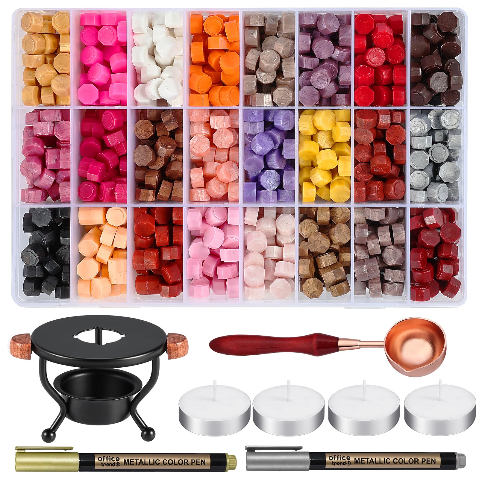 728Pcs Wax Seal Kit, WEWINK PLUS 720Pcs 24 Colors Wax Sealing Beads Set with Warmer and Spoon, 4Pcs Candles and 2Pcs Metallic Pen for Invitations, Envelope, Letter, Gifts, Crafts, Decoration