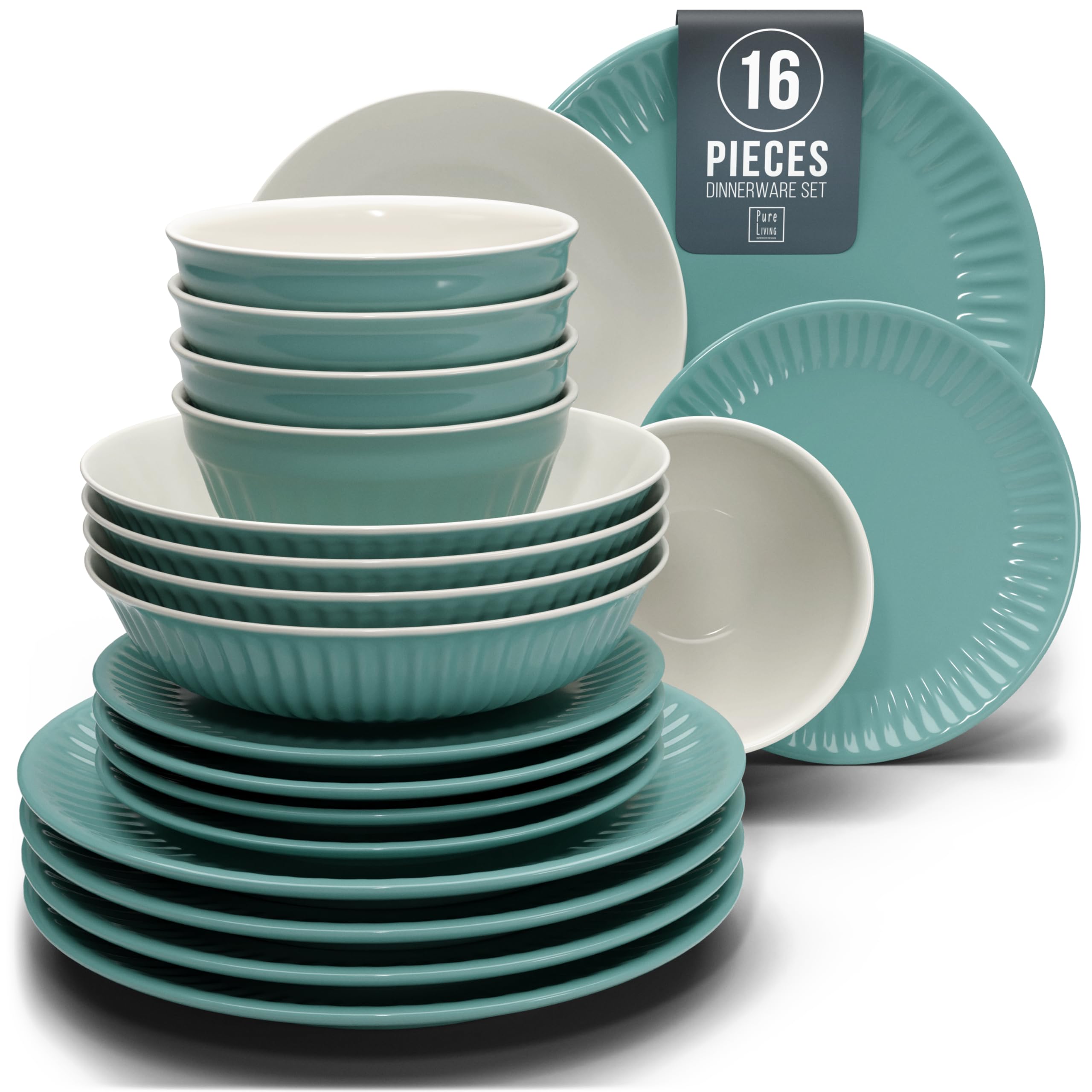 Stoneware Dinnerware Set for 4 People HYGGE 16-Piece - Elegant Scandi Design - Premium Dish Set - Bowl and Plate Set - Tableware for 4 People in a Ribbed Design - Pure Living in Green Image