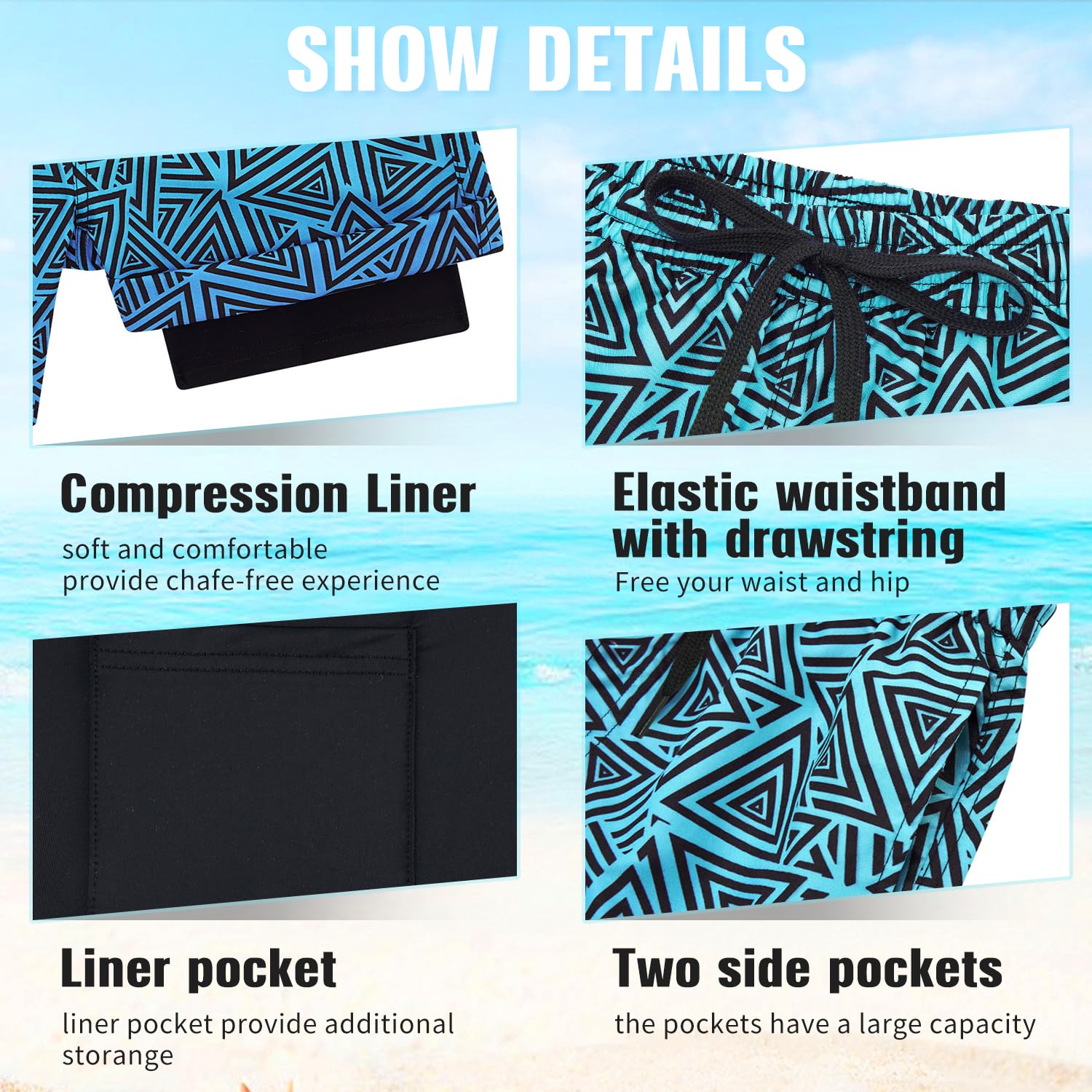 kids4ever Badehose für Jungen 10-12 Jahre Badeshorts Kompression Liner 2 in 1 Sommer Schnelltrocknend Boardshorts 3D Geometrie Elastische Taille Kurze Strandhose 4