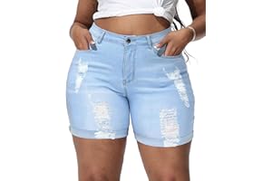 Gboomo Womens Plus Size Jean Shorts High Waisted Distressed Denim Shorts Casual Ripped Fold Hem Short Jeans