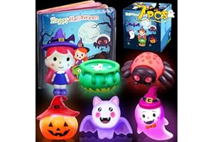 TSDATOWR Halloween Light Up Bath Toys for Toddlers Kids, 7PCS No Hole Bath Toys with Magic Book, Witch,Cauldron,Bat, Ghost, Pumpkin, Spider, Halloween Party Favors Treat Bags Gift for Boys Girls Ages 3+