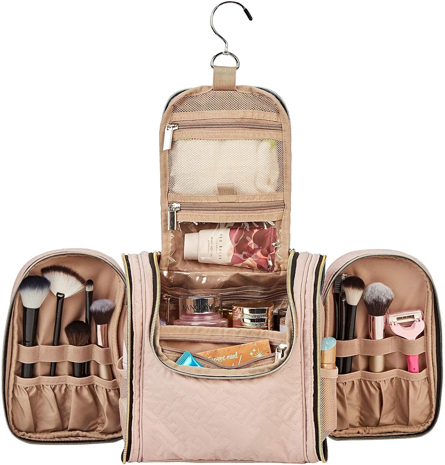 NISHEL Hanging Travel Toiletry Bag Organizer, Water Resistant Shower Dopp Kit, Makeup Cosmetic Case for Bathroom, Pink