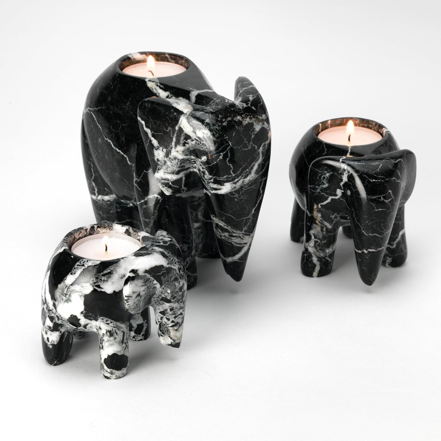 British Fossils Himalayan Marble Elephant Tea Light Holder Set (Black