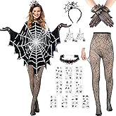 Suhine 17 Pcs Halloween Gothic Woman Costume Includes Spiderweb Poncho Headband Spider Earrings Hand Gloves Gothic Necklace Stockings 10 Face Temporary Tattoos Stickers for Adult Cosplay Party