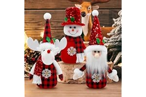 KnomeKo Red Buffalo Plaid Christmas Decorations Indoor- 3 Pcs Red Christmas Snowman & Santa & Reindeer Plush Tabletop Tiered Tray Decor Winter Gifts