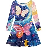 Spring Crew Neck Long Sleeve Flowy Midi Fall Dresses for Girls Soft Comfy Cute Print A Line Fit and Flare Dress