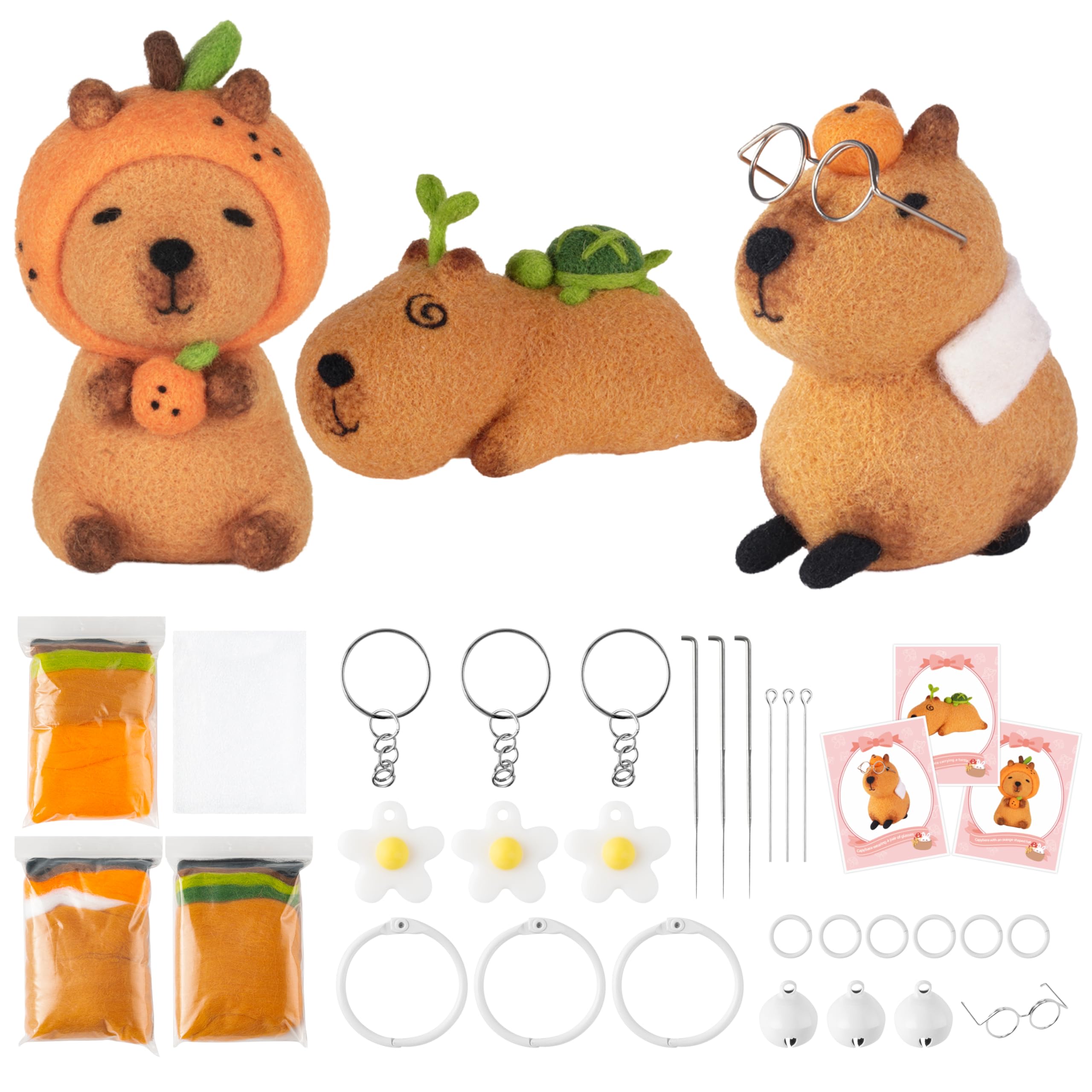 Wood Homing Capybara Needle Felting Kit - 3 Pack Animal DIY Wool Roving Craft Materials Set with Felt Tool Instruction Foam Mat Flower Keyring for Adults Kid Boy Girl Beginners Christmas Birthday Gift