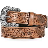 WOWOGO Women Men Western Belts Cowboy Cowgirl Country Belt Longhorn Bull Buckle Floral Embossed Belt for Jeans Dresses
