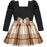 Crazyme Toddler Girl Clothes Square Neck Puff Sleeve Top Bowtie Toddler Dress Plaid Skirt Set Fall Winter Girls Outfits 3T-8Y