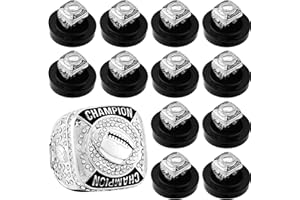 Landical 12 Pcs Football Championship Rings Ball Games Championship Trophy Rings Sport Ball Award Gift with Display Neck Chain and Stand for Tournament or Champion Winner