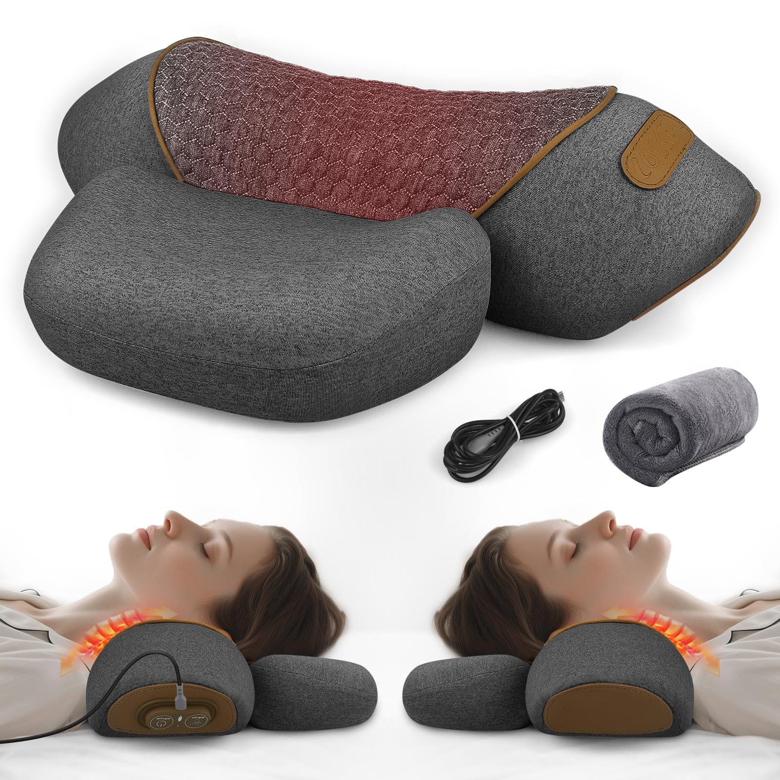 Photo 1 of 3-in-1 Neck Massager Pillow with Heating, Traction & Vibration, Memory Foam Cervical Support for Neck, Shoulder & Upper Back Pain Relief, Deep Tissue Massage, Hump Corrector, Shoulder Relaxation