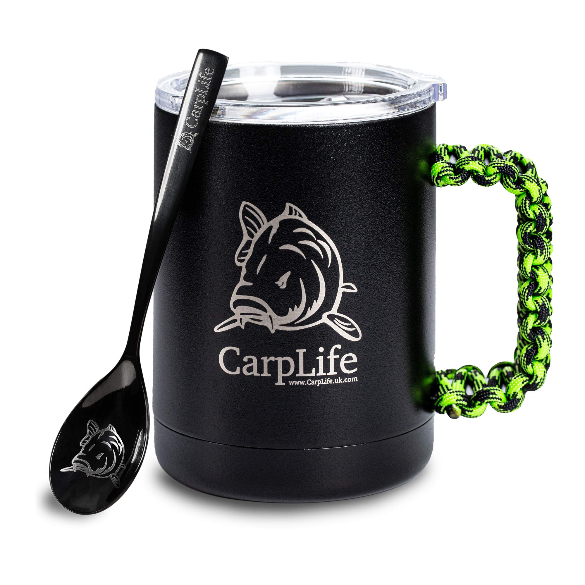 CarpLife Thermal Fishing Mug, Lid & Spoon - Stainless Steel Thermal Mug with Lid and Handle – Insulated Travel Cup, Fishing Cup with Etched Spoon – Portable Coffee Tea Brew Kit for Hot & Cold Drinks