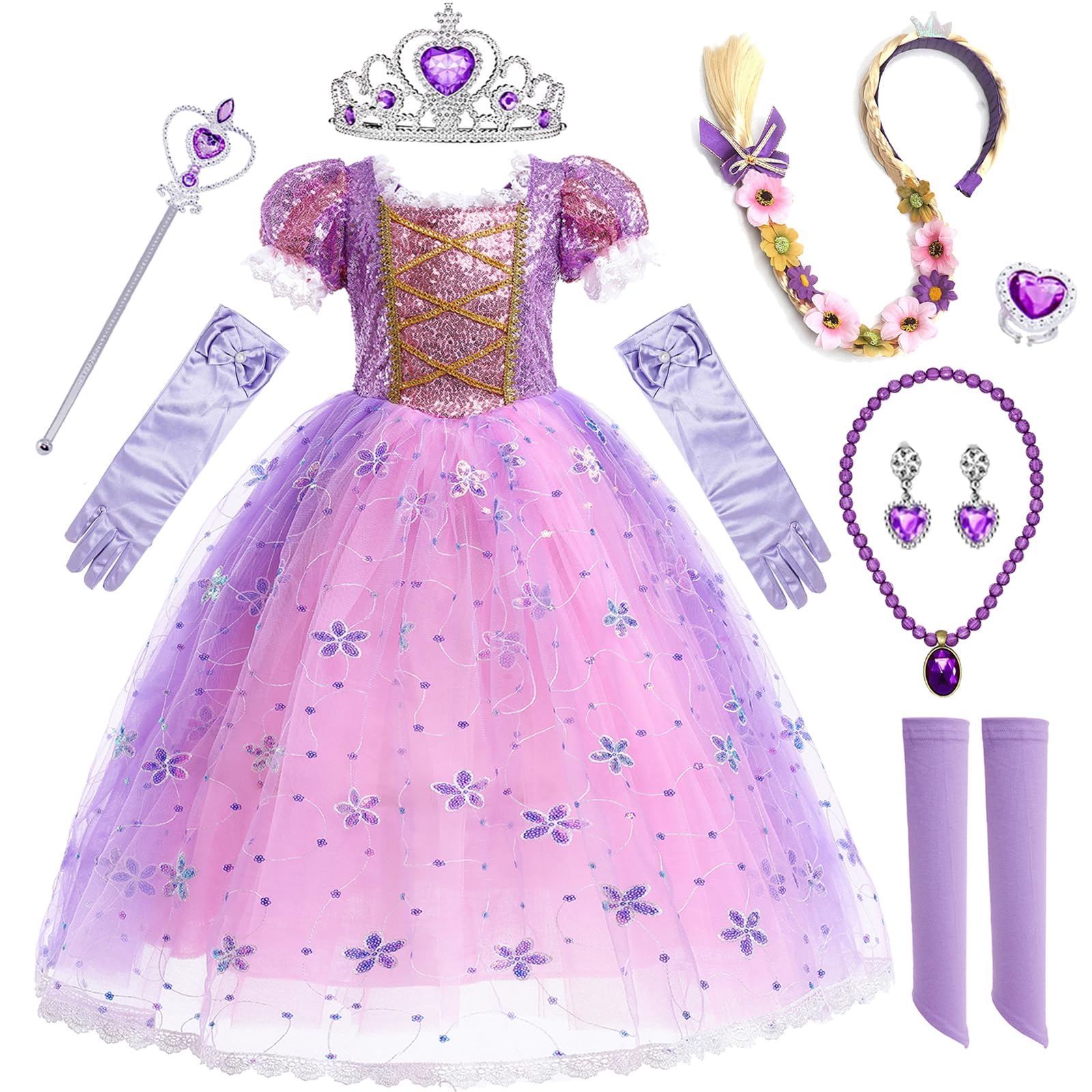 Amtum Princess Dress Up For Girls Princess Costumes With Braided Wig Crown Fairy Wand Necklace Sets Party Tulle Fancy Dress Halloween Christmas Carnival Cosplay Costume,140