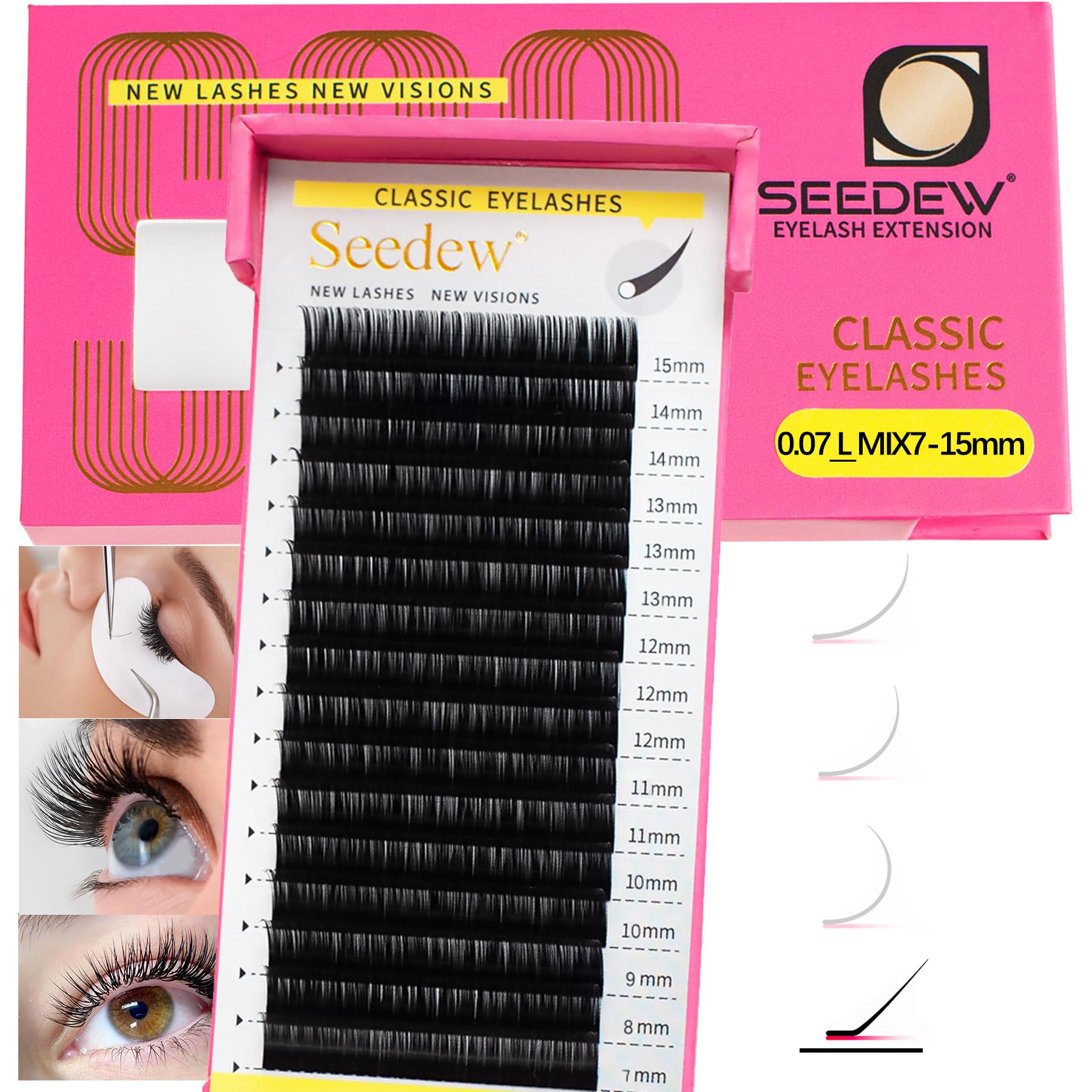 SEEDEW L Curl Lash Extensions, Classic Individual MIX7-15mm L Curl 0.07mm 16 Rows/Tray, Single Natural Soft Lightweight Eyelashes Grafting for Lash Artists, Beauty Salon (Matte Black-0.07-L-MIX7-15mm)