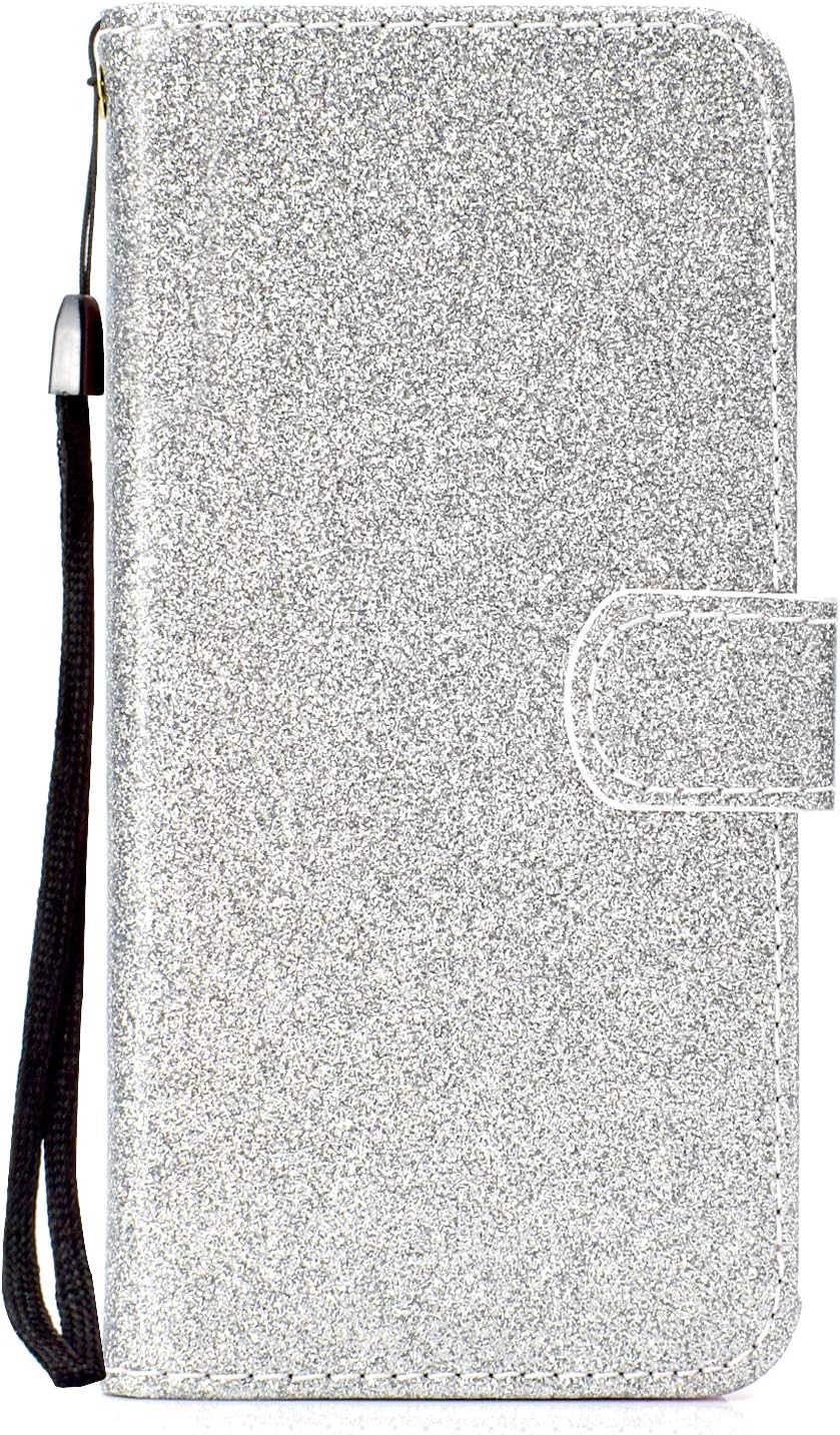 Compatible for Samsung Galaxy Note 10 Plus Leather Folio Case, Ladies Glitter Kickstand Wallet Credit Card Holder Detachable Wristlet Shockproof Silicone Case Compatible for Samsung Note 10+, Silver