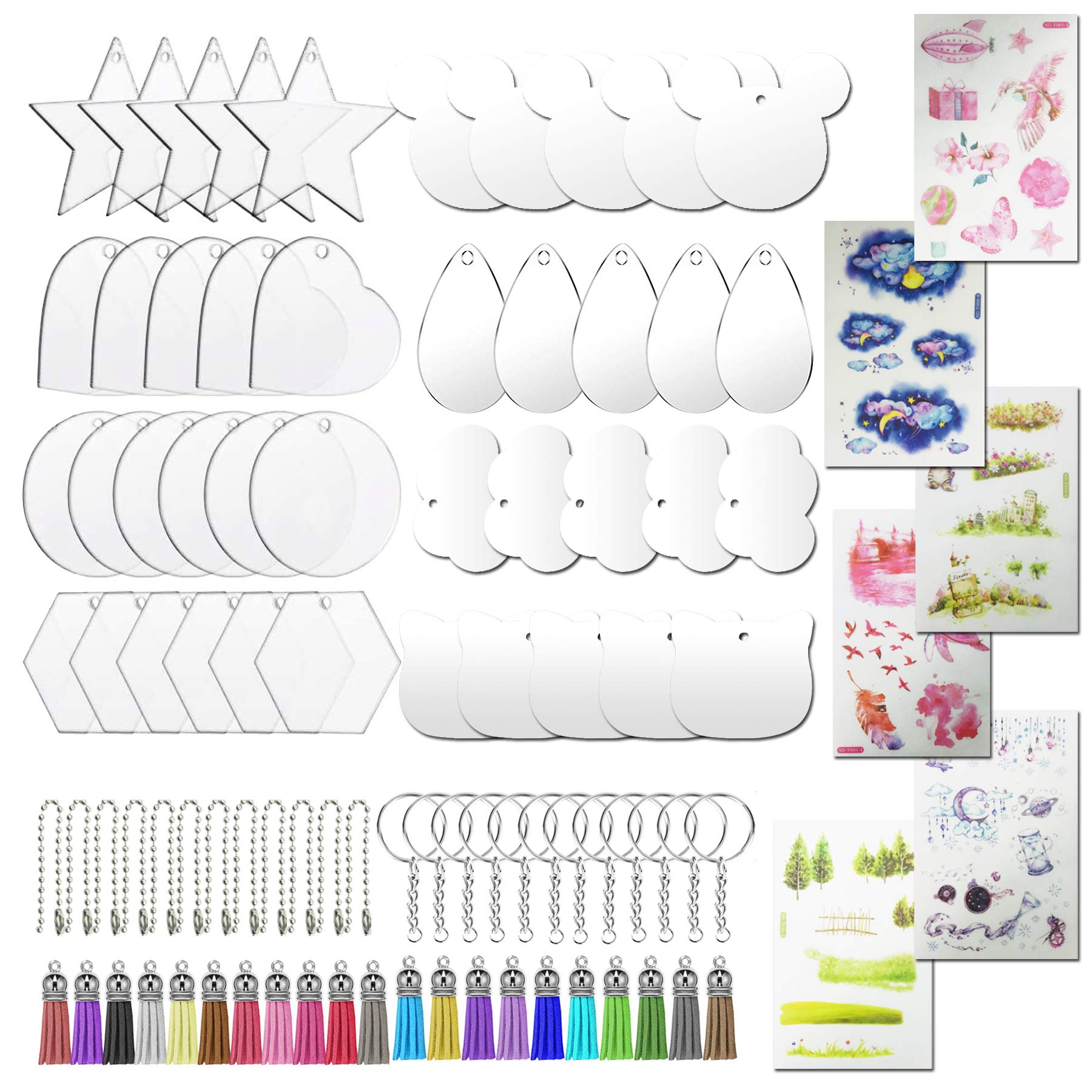 Allazone 8 Shapes Acrylic Transparent Circle Discs Set, 40 PCS Acrylic Clear Keychain Blanks, 20 Keychains, 20 Mini Tassels, 20 Ball Chain and Sticker for DIY Projects and Crafts