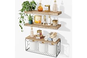 AMADA HOMEFURNISHING Amada Bathroom Shelves Over Toilet, Floating Bathroom Wall Shelves with Storage Basket, Paulownia Wood Wall Décor Shelves for Bathroom, Living Room, Bedroom, Kitchen, Set of 3 (Rustic Wood)