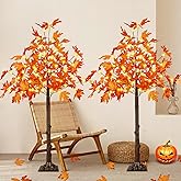 2 Pack 4FT Artificial Lighted Maple Tree, Thanksgiving Decorations for Home with Timer, 100 LED Prelit Fall Decor Maple Tree with Warm White Light for Indoor Outdoor Harvest Thanksgiving Day, Orange