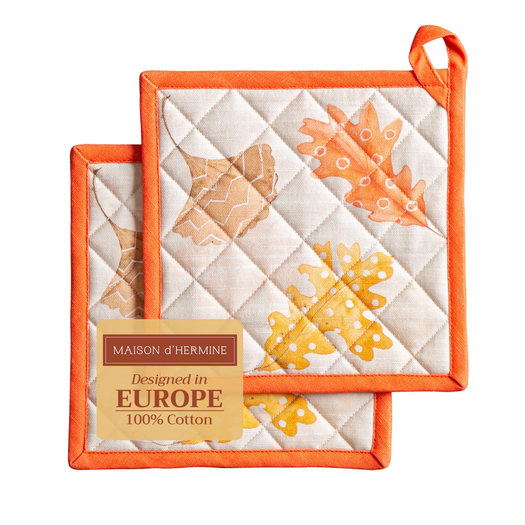 Maison d' Hermine Pot Holders Set 100% Cotton Heat Resistant Potholders 20 cm x 20 cm Hot Pads with Loop for Christmas Decorations BBQ Cooking Baking Handling Hot Pans (Pack of 2, Colours Of Autumn)