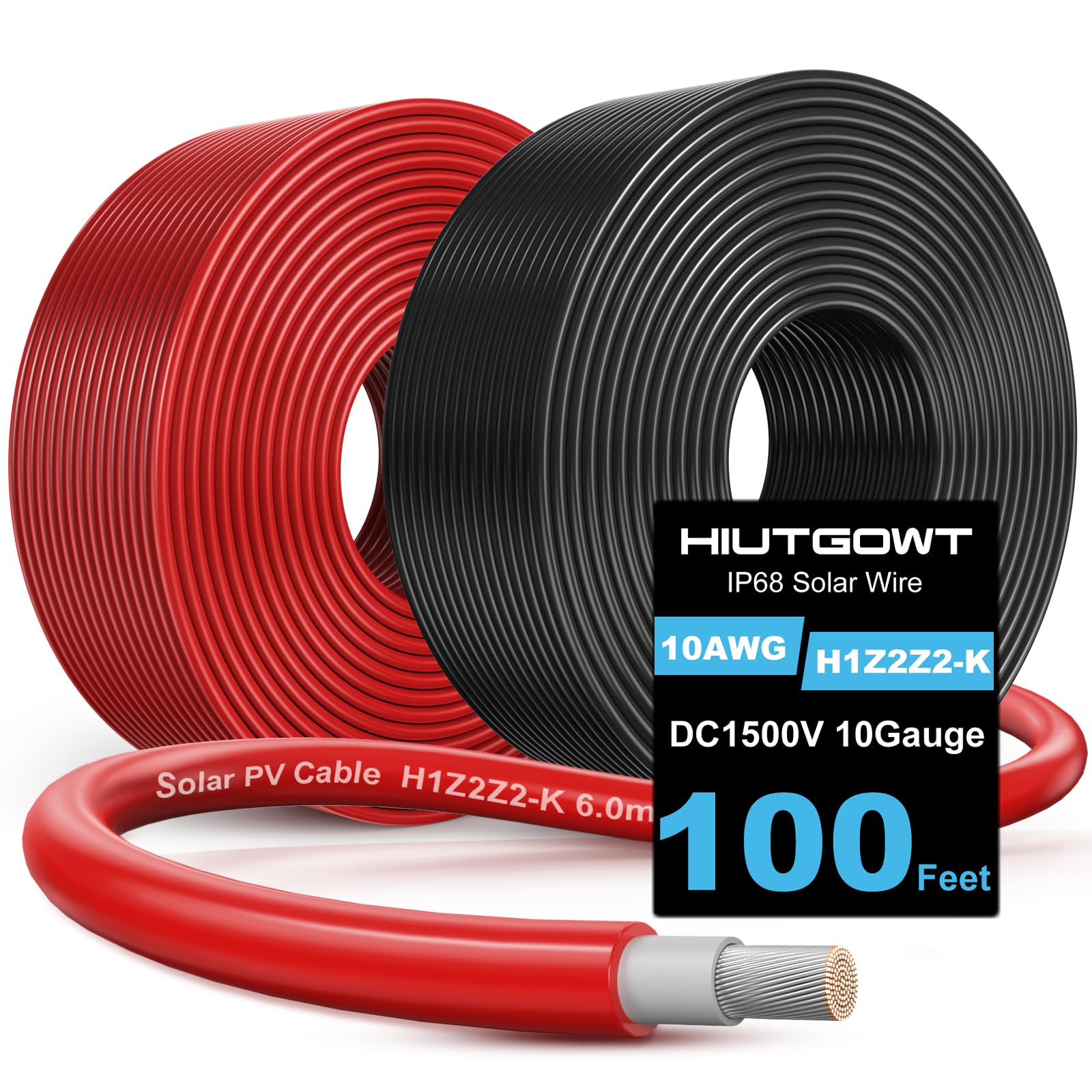 Photo 1 of Hiutgowt 2x100FT Solar Panel Wire, Solar Cable, Solar Wire 10AWG, Solar Extension Cable, 10 Gauge Tinned Cooper PV Wire for MPPT Controller Home Roofs Boat Marine Automotive RV Camping Solar Panels