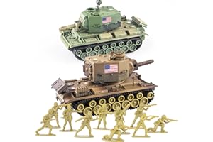 MaozyHomie WW2 Army Tank-7 and Army Men Toys Playset, 2pc US Tank Models with 10pc Toy Soldiers, Desert Tan and Olive Drab Green 1:72 Military Vehicle, Great Military Toy for Kids Boys