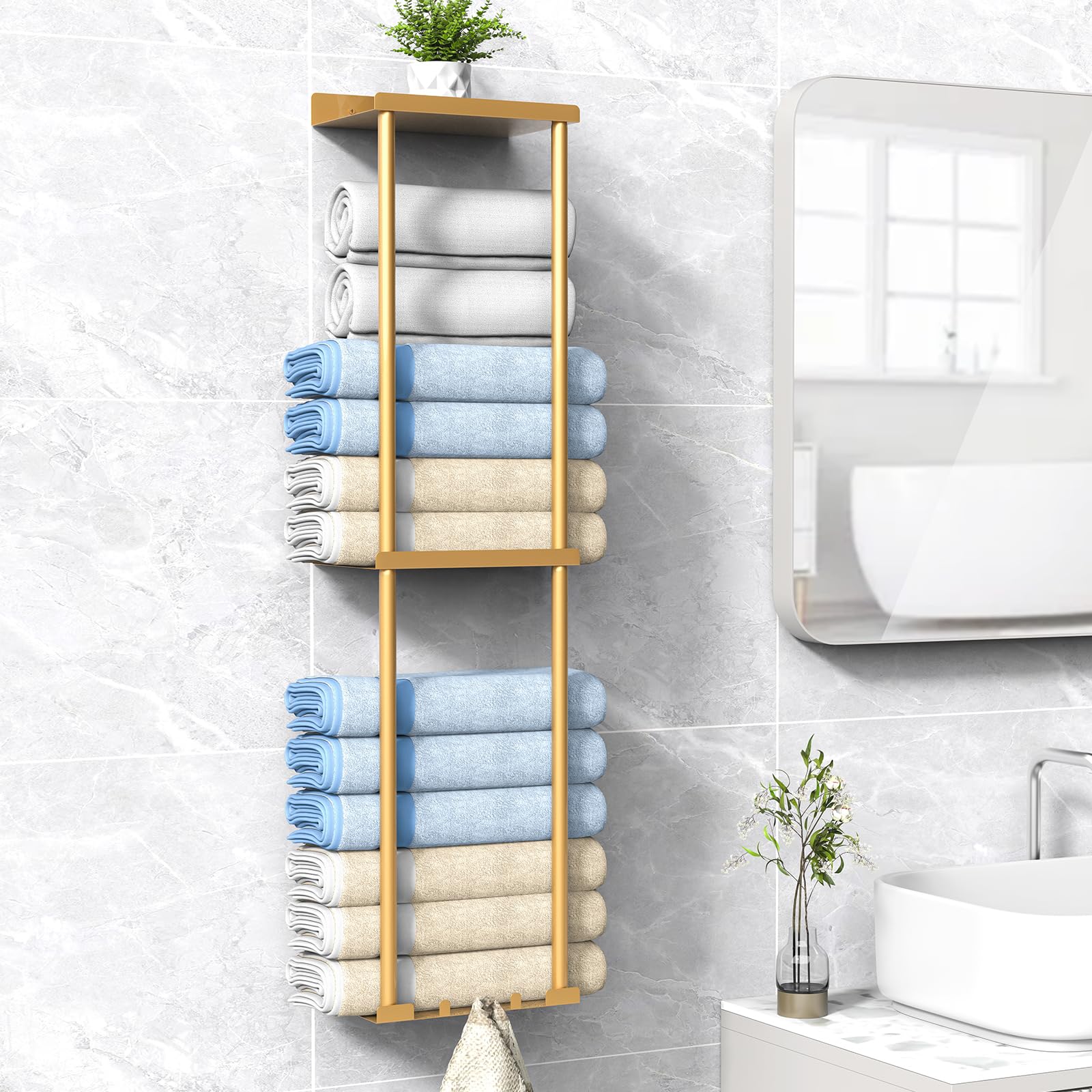 Photo 1 of Liuoud Towel Rack for Bathroom, Wall Mounted Vertical Rolled Towel Storage Organizer Holder with Shelf, Holds Up 6 Large Bath Sheets, Gold