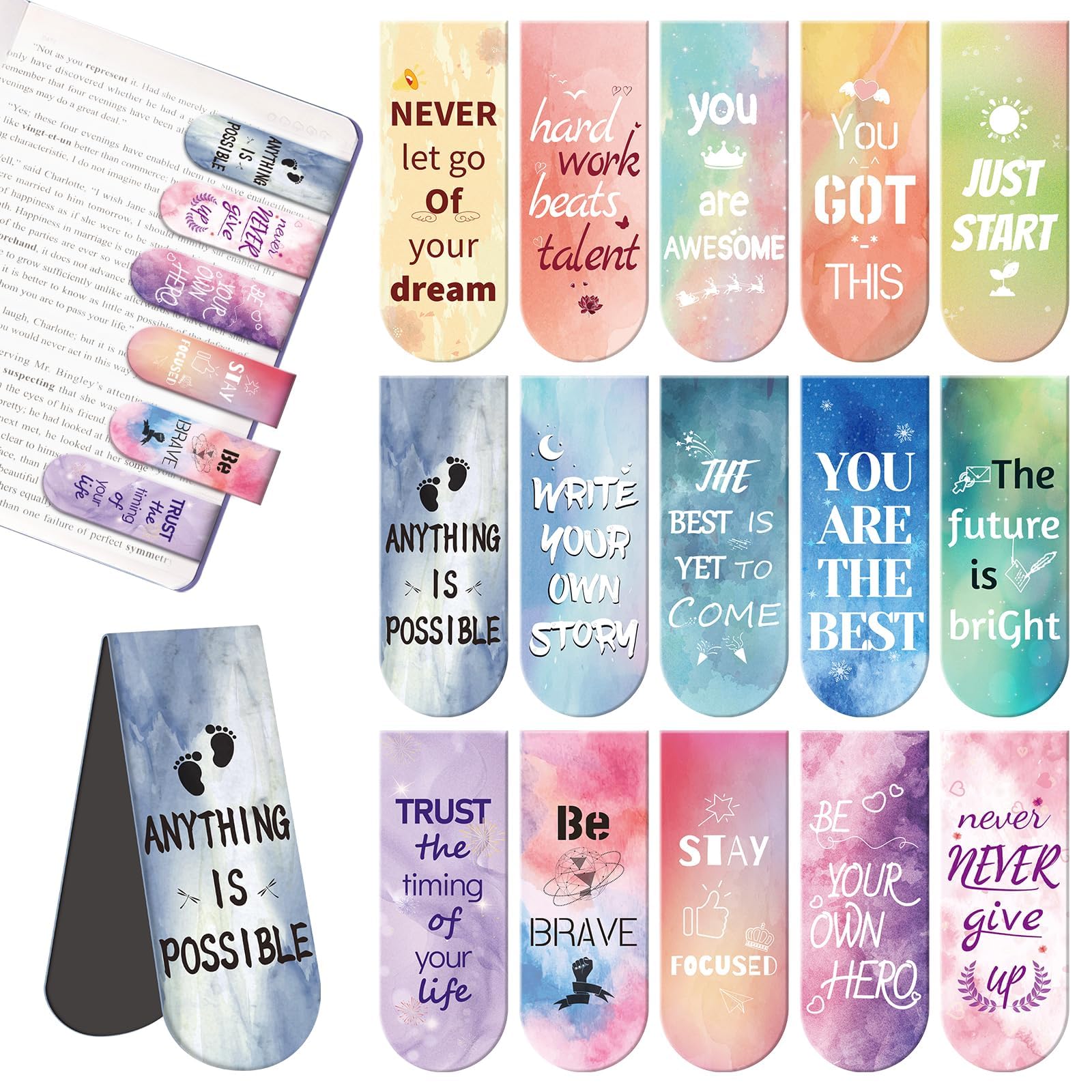 Kaluofan 15PCS Magnetic Bookmarks, Multicoloured Inspirational Bookmarks with Magnetic Material, Pack of 15