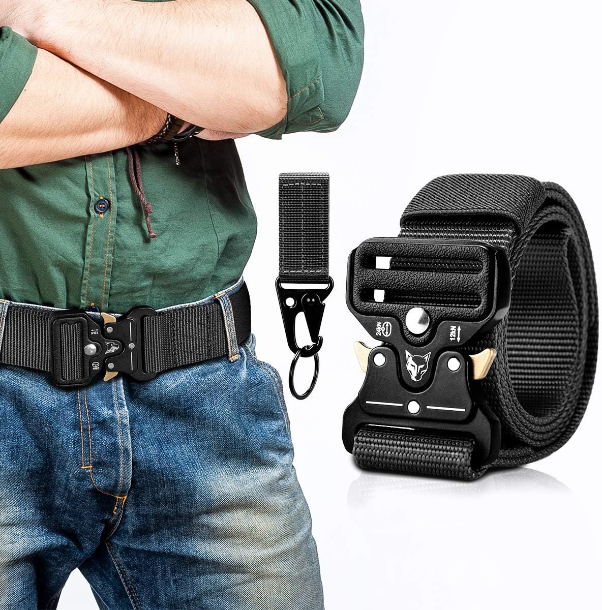 Men Tactical Military Belt, Quick-Release Heavy Duty Style Metal Buckle Nylon Belts with Keychain for EDC