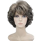 Wiginway Short Layered Shaggy Wavy Wigs Full Synthetic Bob Capless Wigs for White Women Brown with Highlights