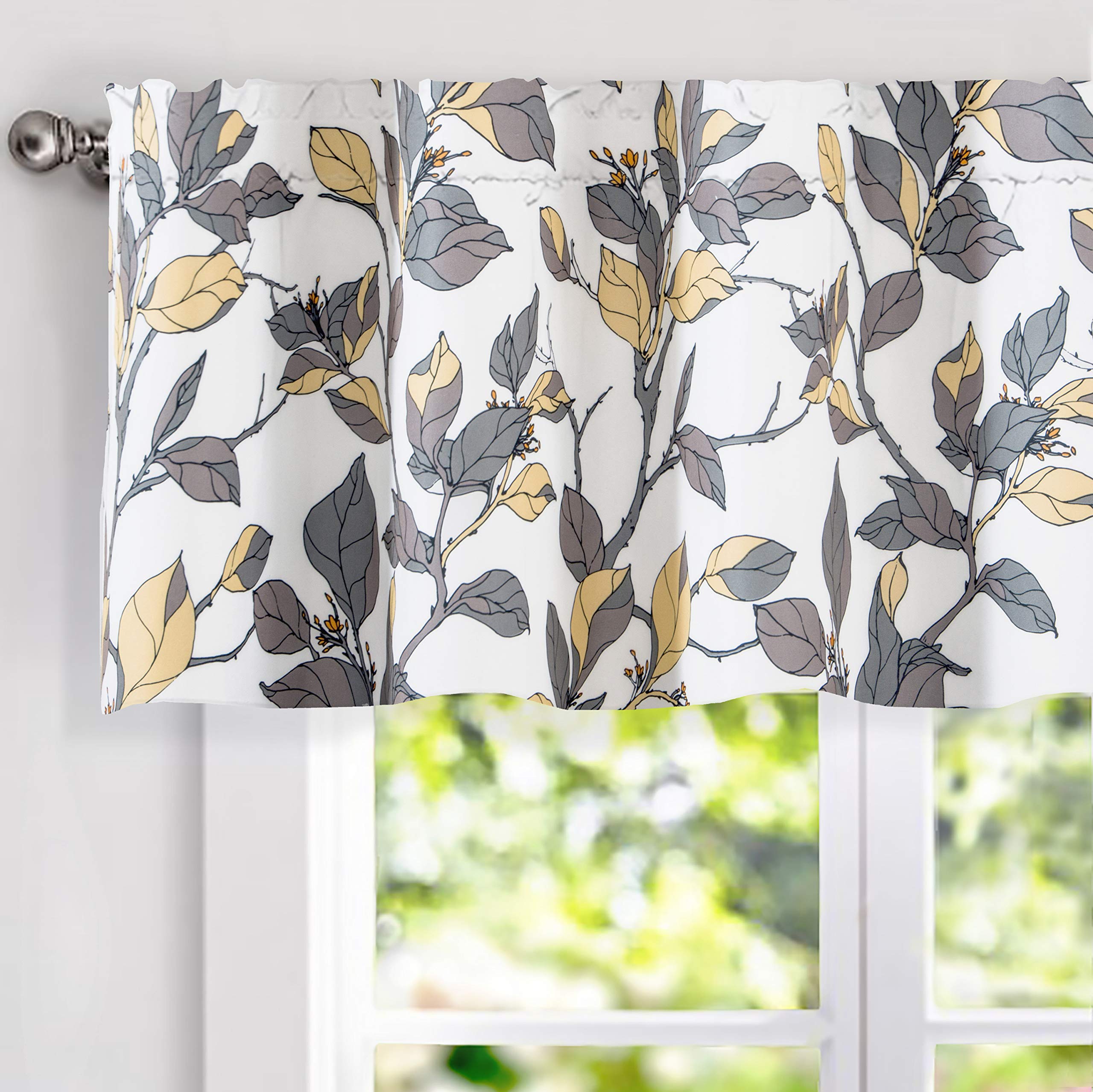 DriftAway Ryan Sketch Flower Floral Branch Leaves Lined Thermal Insulated Window Curtain Valance Rod Pocket 52 Inch by 18 Inch Plus 2 Inch Header Yellow Gray 1 Pack