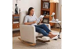 FOXHUNTER Rocking Chair, Nursery Chair with Adjustable Footrest and High Backrest, Glider Chair for Nursery with Side Pockets,Upholstered Rocking Chair Indoor for Living Room,Cotton Linen Beige