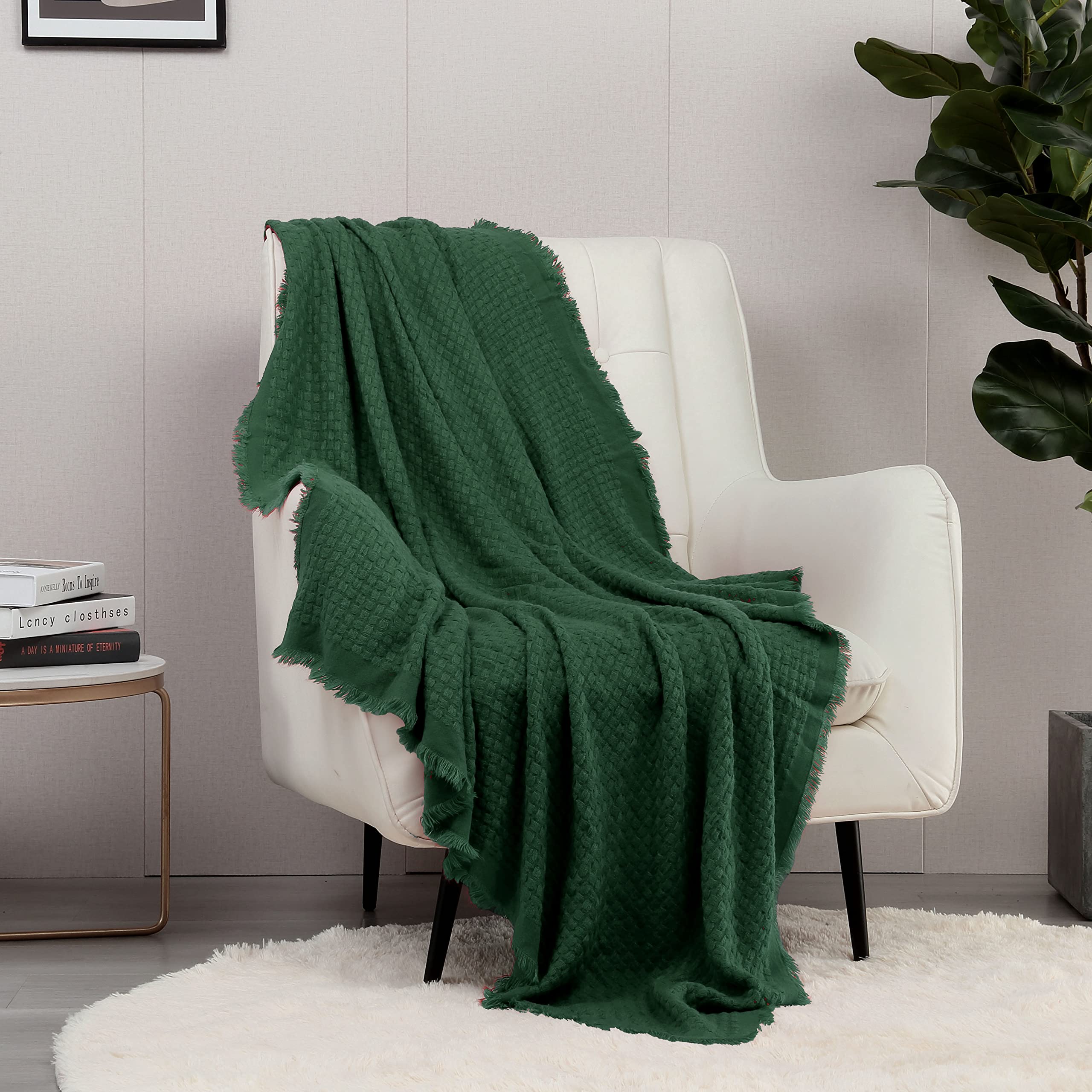 CREVENT Farmhouse Boho Knitted Throw Blanket for Couch Sofa Chair Bed Home Decoration, Soft Warm Cozy Light Weight Textured Cover for Spring Summer Fall (127cmX152cm Christmas Green) — image 1