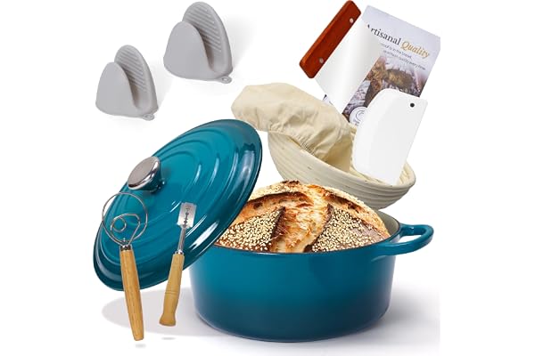 5QT Enameled Cast Iron Bread Oven with Proofing Basket for Sourdough Bread Baking, Bread Making Supplies Tools,Heavy-Duty Coo