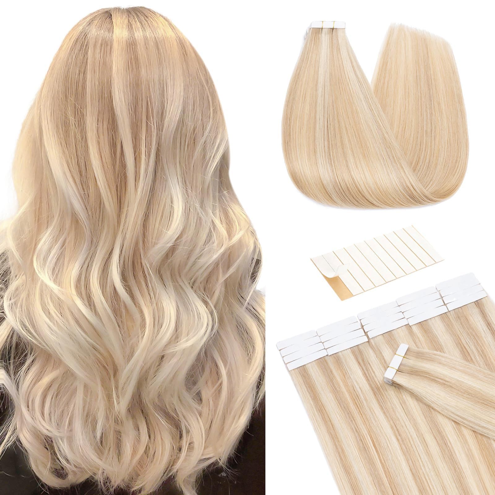 TESS Tape in Hair Extensions Human Hair 10 PCS #18P613 Ash Blonde & Bleach Blonde - 16 Inch Seamless Invisible Real Hair Extension Straight 25g
