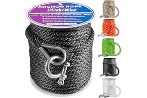 VEITHI Premium Anchor Rope 100 ft x 3/8 inch, Solid Braid MFP Anchor Line Boat Rope Marine Rope,Boat Anchor Rope with Thimble & Shackle - Black