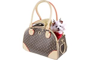 BETOP HOUSE Fashion Dog Carrier PU Leather Dog Handbag Dog Purse Cat Tote Bag Pet Cat Dog Hiking Bag, Brown, Small 38 * 23 * 17cm