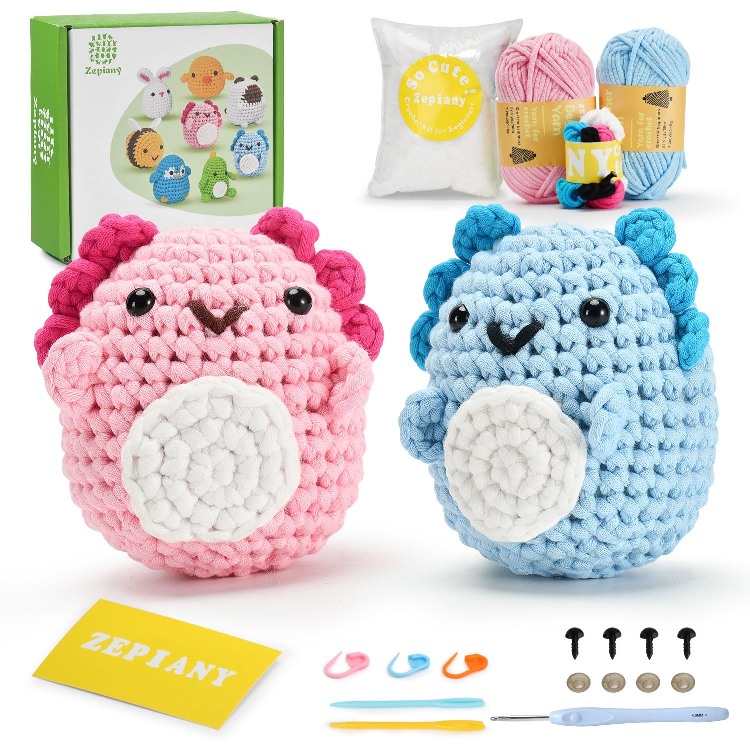 Zepiany Crochet Kit for Beginners, Amigurumi Crocheting Animals Kits with Step-by-Step Video Tutorials, Knitting Starter Pack for Adults and Kids, 2 Axolotls